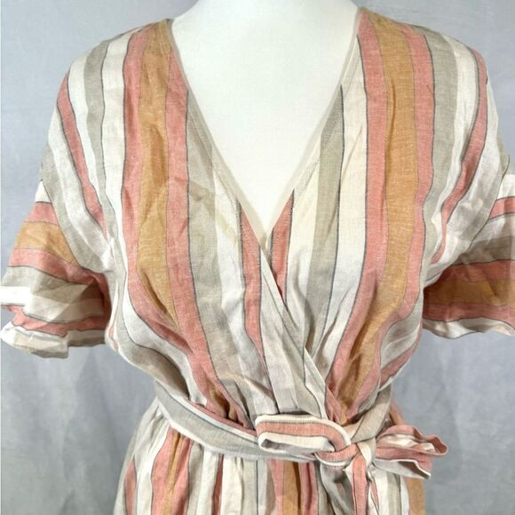 Lauren Conrad blush orange and tan linen ruffle faux wrap dress size medium NWT - Picture 5 of 10